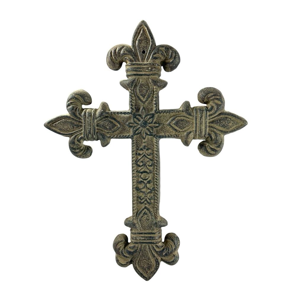 Cast Iron Fleur De Lis Wall Cross Rustic Religious Decor Brown Distressed 12” - Picture 3 of 7